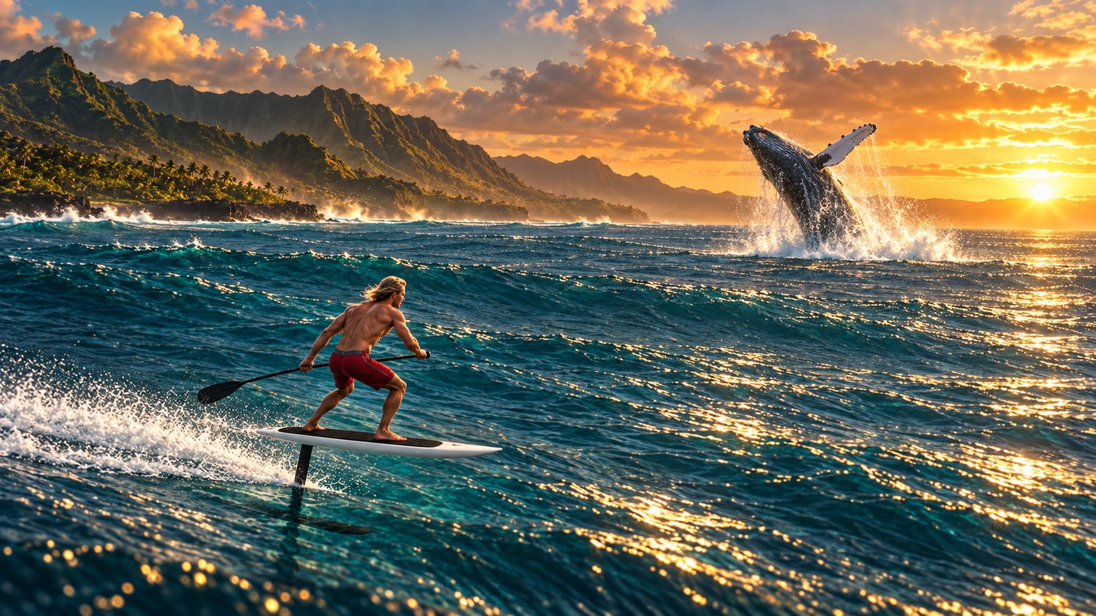 Concept art: a humpback whale breaches ahead of the rider at golden hour