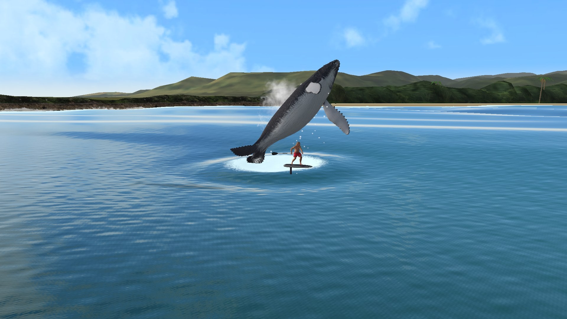 Voyager game capture: a whale breaching beside the rider